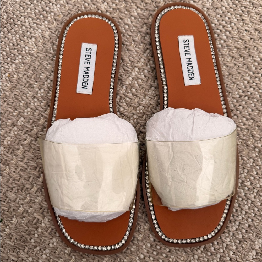 Steve Madden clear Slide Sandals with Rhinestone Trim